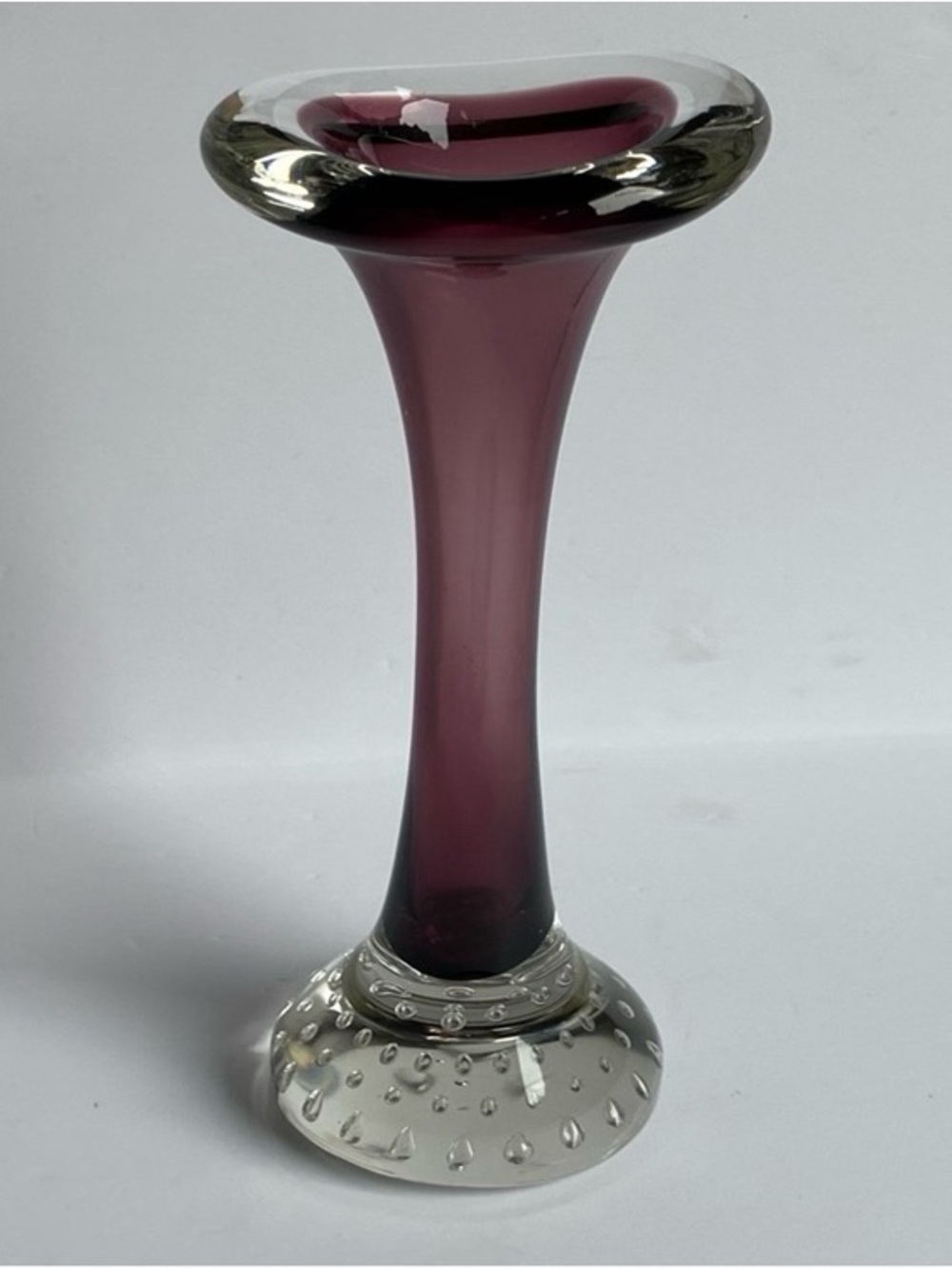 Handblown Plum Glass Bud Vase with Clear Bubbled Base